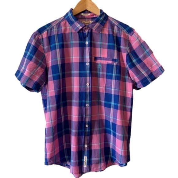 Penguin Original Classic Fit Pink Plaid Short Sleeve Shirt Size Medium - Picture 16 of 16